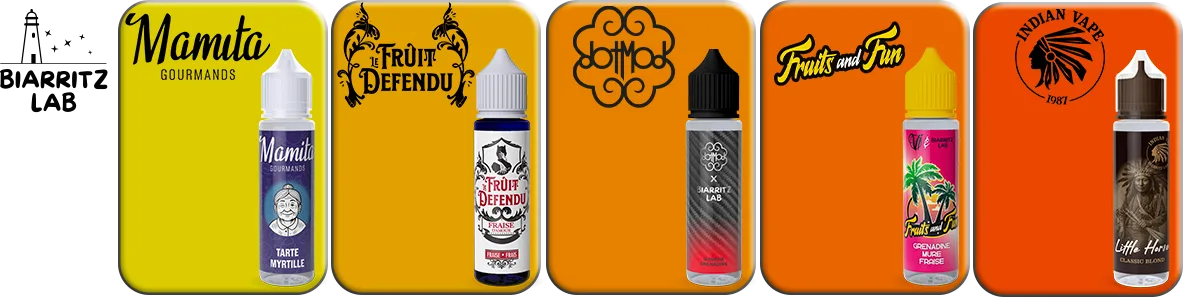 E-liquides Biarritz Lab – Gammes et collections E-liquides Biarritz Lab, Mamita, Le Fruit Défendu, DotMod, Fruits and Fun et Indian Vape