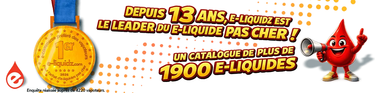 Catalogue de plus de 1900 e-liquides pas chers - E-liquidz Bannière E-liquidz présentant plus de 1900 e-liquides pas chers, grandes marques et livraison rapide