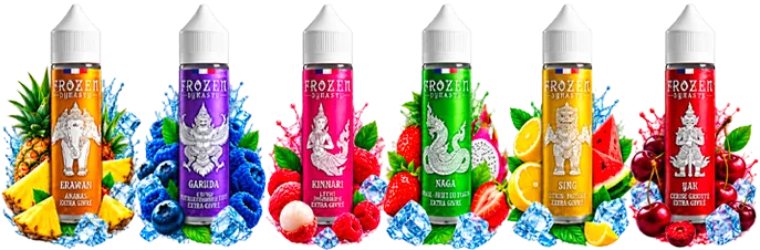 Frozen Dynasty 50ml - 6 E-liquides Fruités Extra Givrés | E-LIQUIDZ Les 6 e-liquides Frozen Dynasty 50ml créés par E-LIQUIDZ : Erawan Ananas, Garuda Myrtille Framboise Bleue, Kinnari Litchi Framboise, Naga Fraise Fruit du Dragon, Sing Citron Pastèque et Yak Cerise Griotte. Fabrication française, extra givrés.