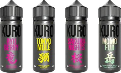 Collection KURO 80 ml - Flacons de gauche E-liquides KURO 80 ml aux arômes intenses, fruités et légèrement sucrés.