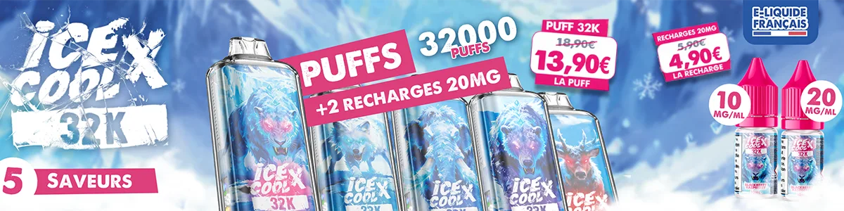 Puff ICEX COOL 32K - 32000 puffs rechargeable à 13,90 € | Recharges 20 mg à 4,90 € Puff ICEX COOL 32K rechargeable 32000 puffs avec recharges 20 mg au meilleur prix
